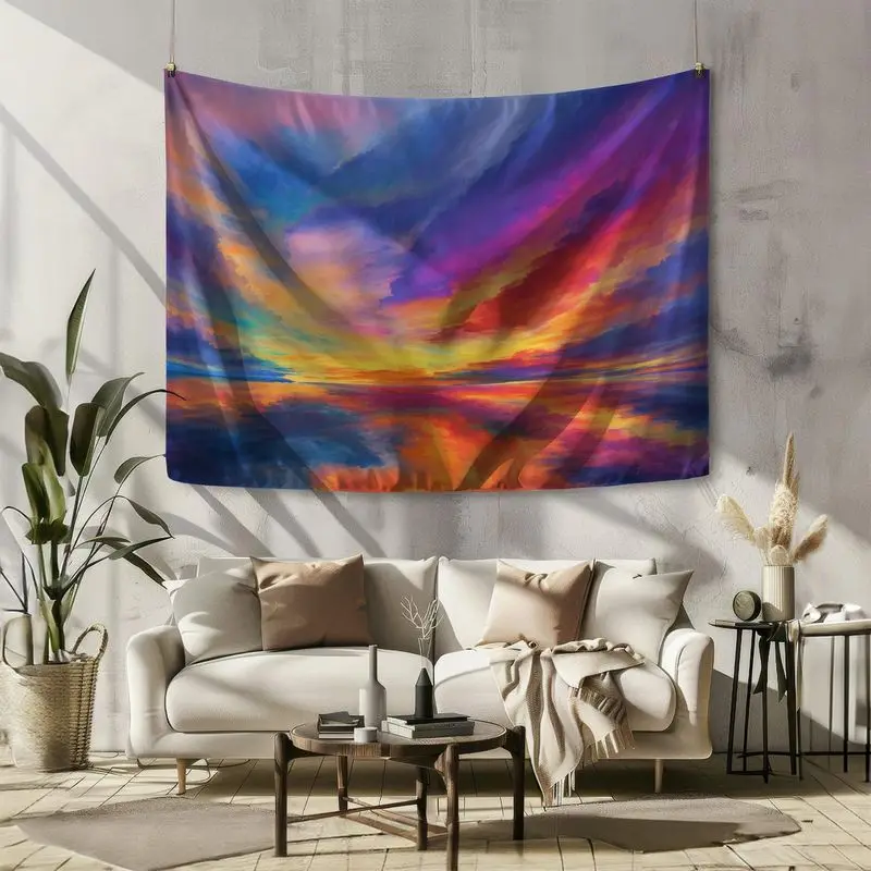 VIKAMA Colorful Sunset Ocean Tapestry Psychedelic Seascape Polyester Wall Hanging Aesthetic Bedroom Dorm Home Decor