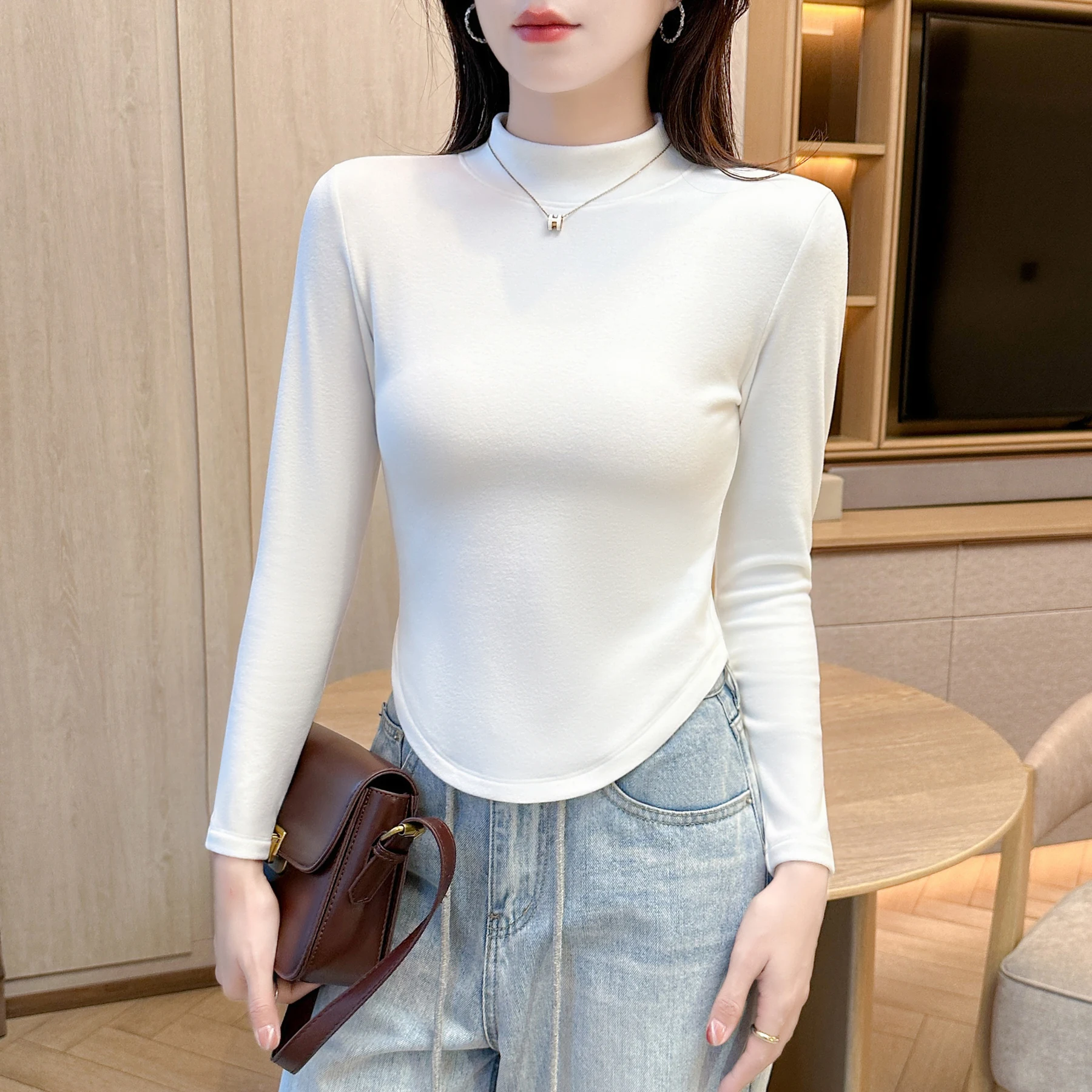 Solid Color Turtleneck Velvet Bottom Shirt Women Inside Long Sleeve Autumn and Winter Simple Warm Body Shirt Tops