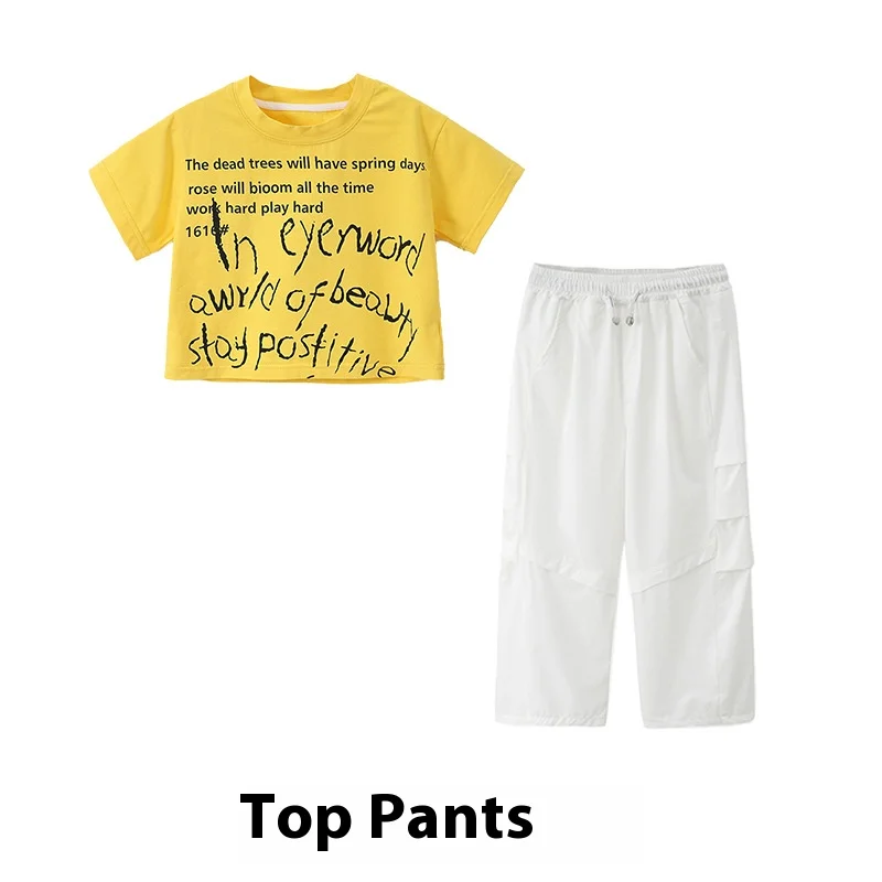 Kid Kpop Hip Hop Clothing Yellow Letters Crop T Shirt Top White Casual Wide Parachute Pants for Girl Jazz Dance Costumes Clothes