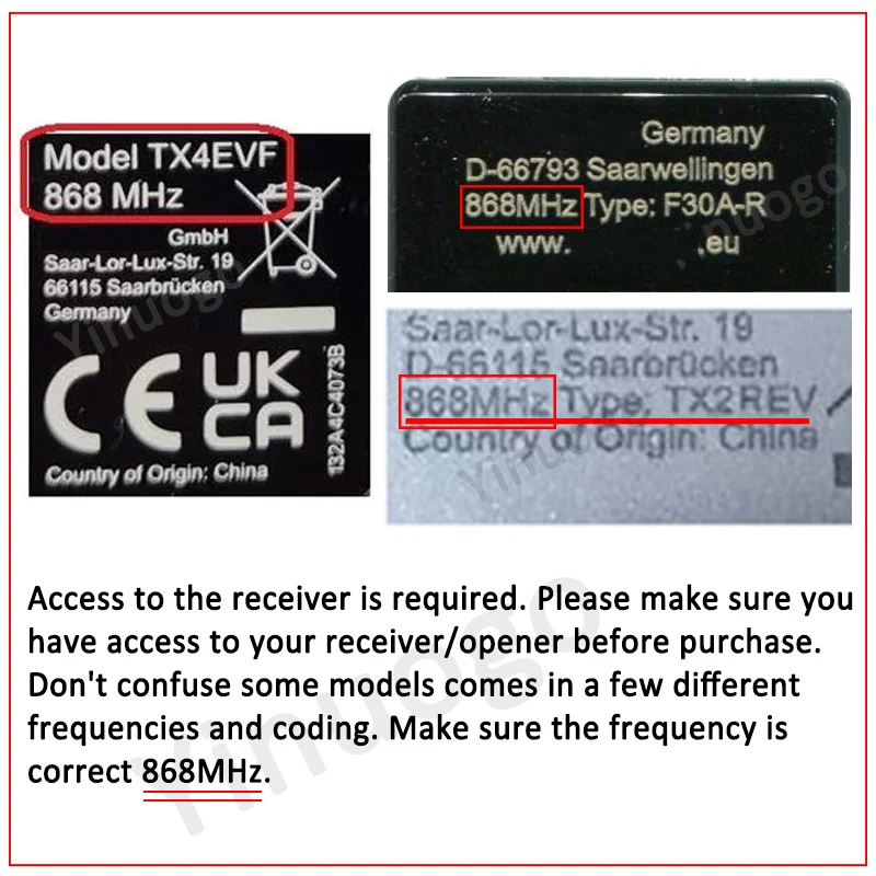 For TX2EV TX4EV TX2REV TX4REV ​TX4EVF TX4REVF 868MHz Garage Door Remote Control 868MHz Programming Electric Gate Remote Control