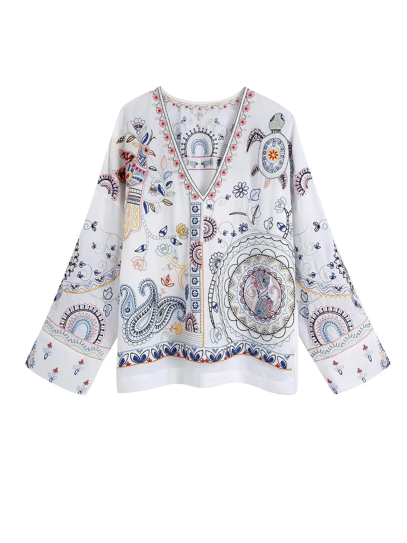 

Chicheca V-neck Paisley Flower Embroidery Spring Summer Blouse Women Loose Casual Vintage Blusas Mujer Clothing 2024 New