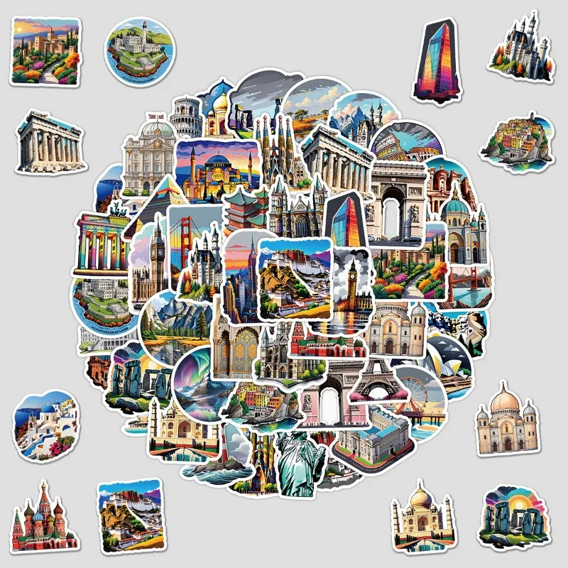 50PCS World Landmark Spot Graffiti Sticker Water Cup Waterproof Decorative Sticker Creative Stationery Sticker