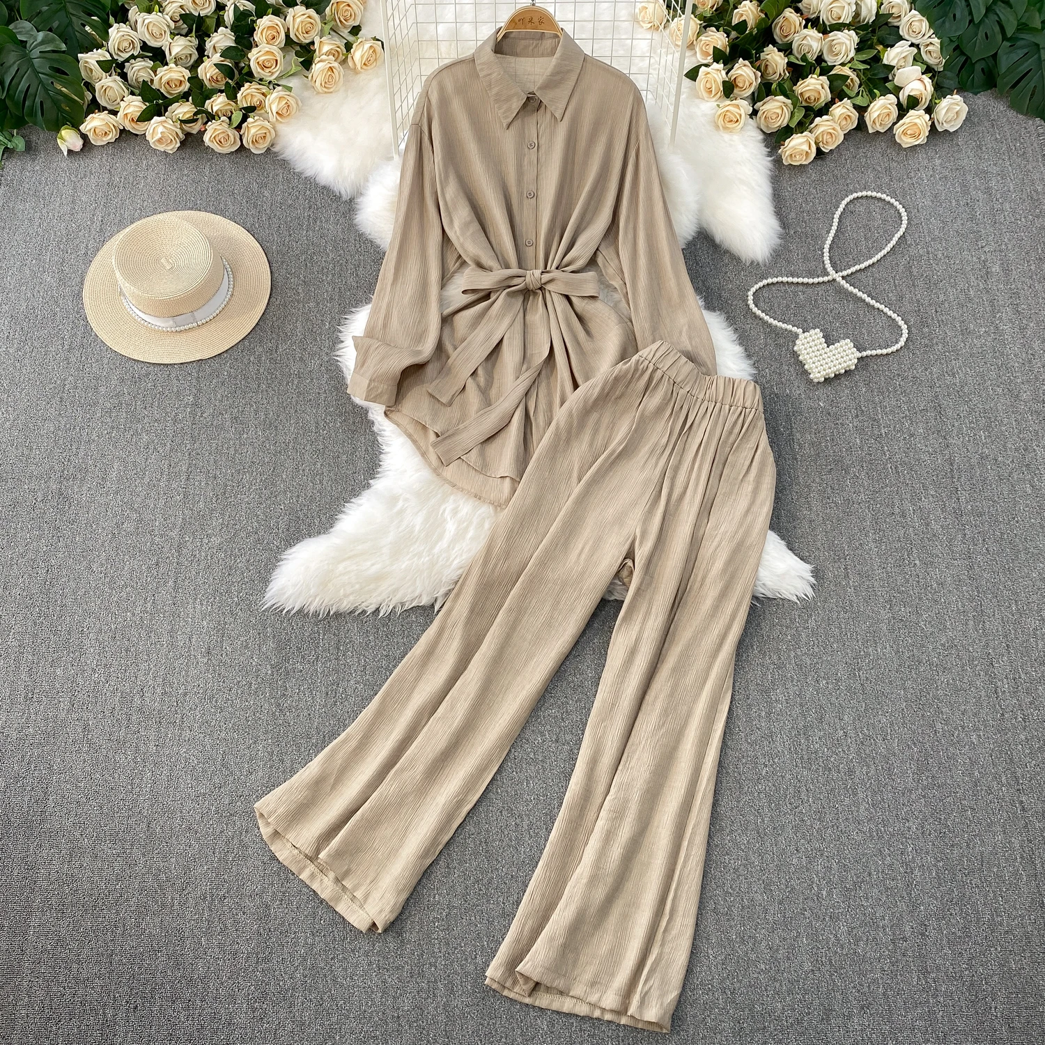 

SuperAen модная женская свободная рубашка со средней длины и длинными рукавами, повседневные широкие брюки с высокой талией, комплекты из двух предметов