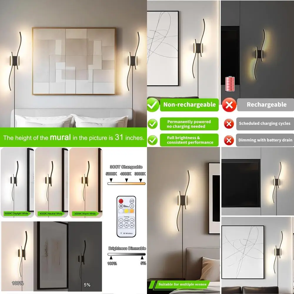 

Pair of Black LED Wall Sconces with Remote, Dimmable, 3CCT Adjustable, Timer & Memory, Ideal for TV Wall, Living Room, Hallway,