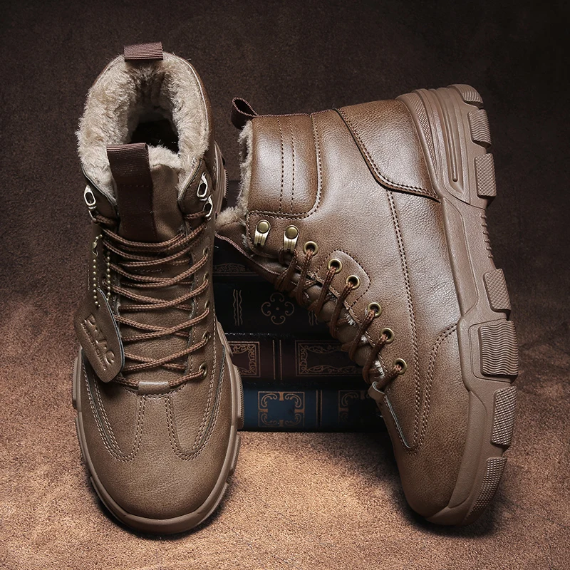 

Brown Men's Snow Leather Boots High Top Male Winter Shoes Punk Lace Up Luxury Outdoor Hiking Casual Cotton Shoe Offer Fashion