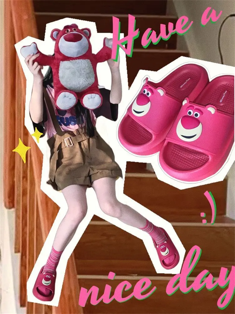 Summer Anti Slip New Home Thick Sole Comfortable Cool Parent Child Strawberry Bear Lotso Fashion Slippers For women sandals