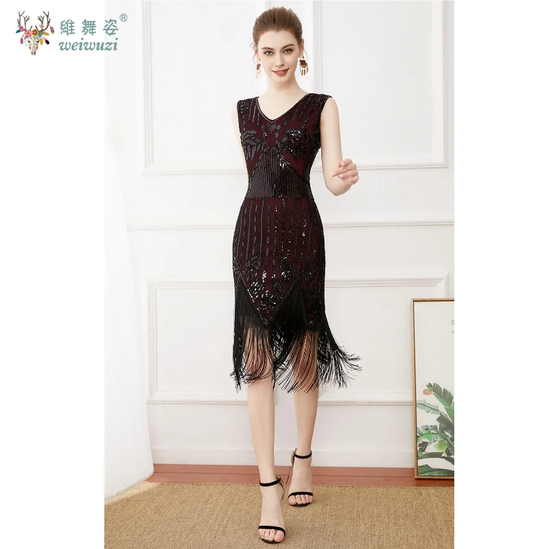 하이웨이스트 빈티지 V넥 시퀸 수제 비즈 자수 태슬 밑단 조끼 찰스턴 댄스 & 칵테일 파티 드레스 플러스 사이즈