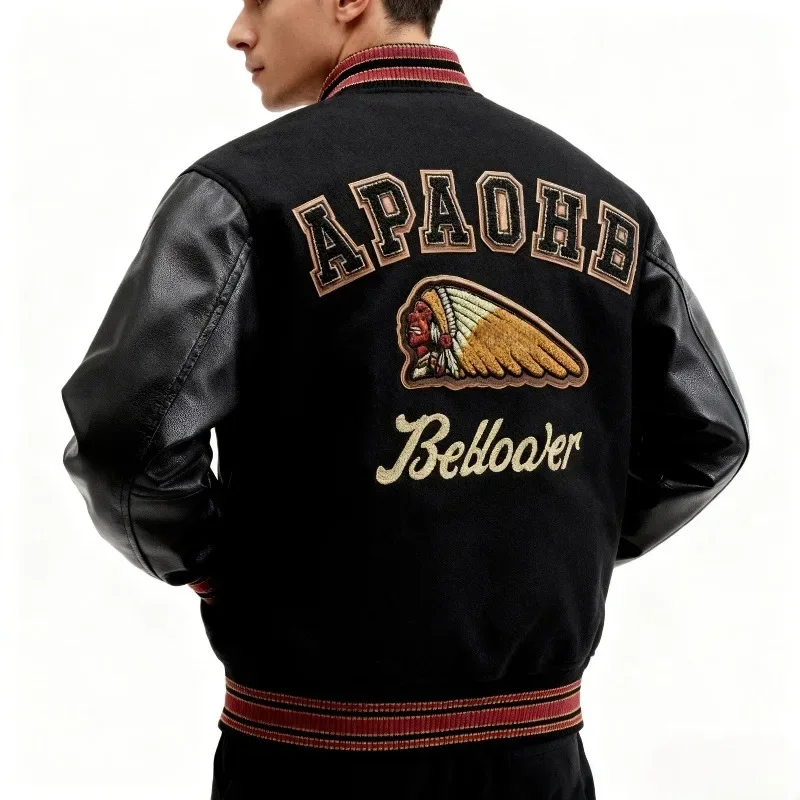 

Vintage Embroidered Varsity Jackets for Men Spliced PU Leather Sleeves Bomber Jaxkets Youth Spring Autumn Baseball Coats