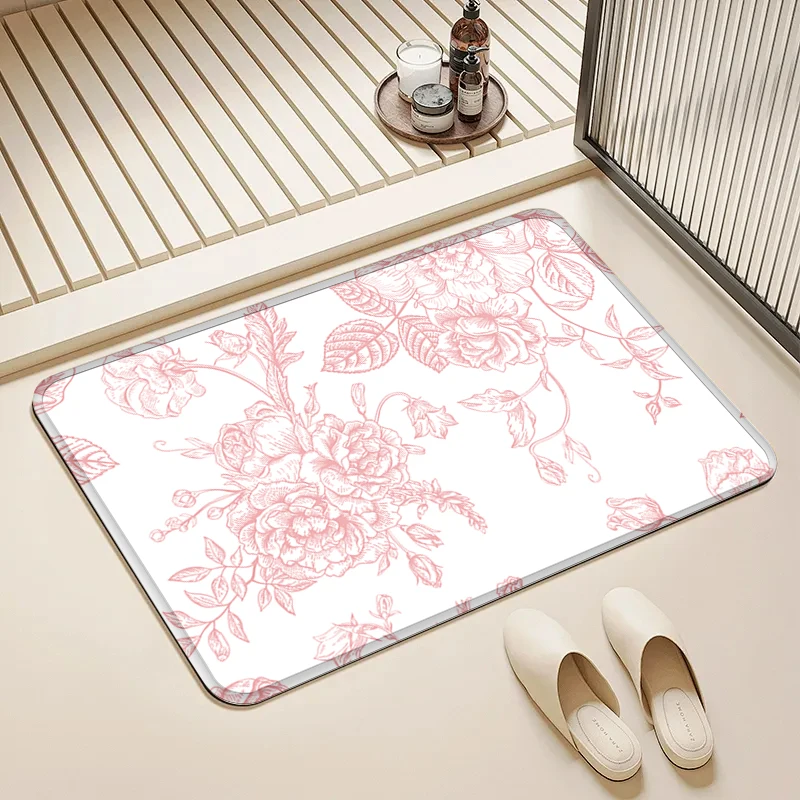 

Pink Floral Pattern Flannel Doormat Non-Slip Absorbent Soft Floor Mat for Entryway Bathroom Kitchen Home Decor