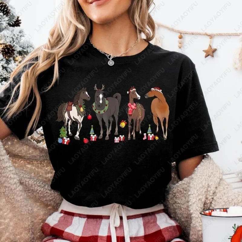 

Horse Christmas Western Farm Animal Tee Gift Men Women High Quality Cotton Camisetas New Year Xmas Navidad Festival Funny Tshirt