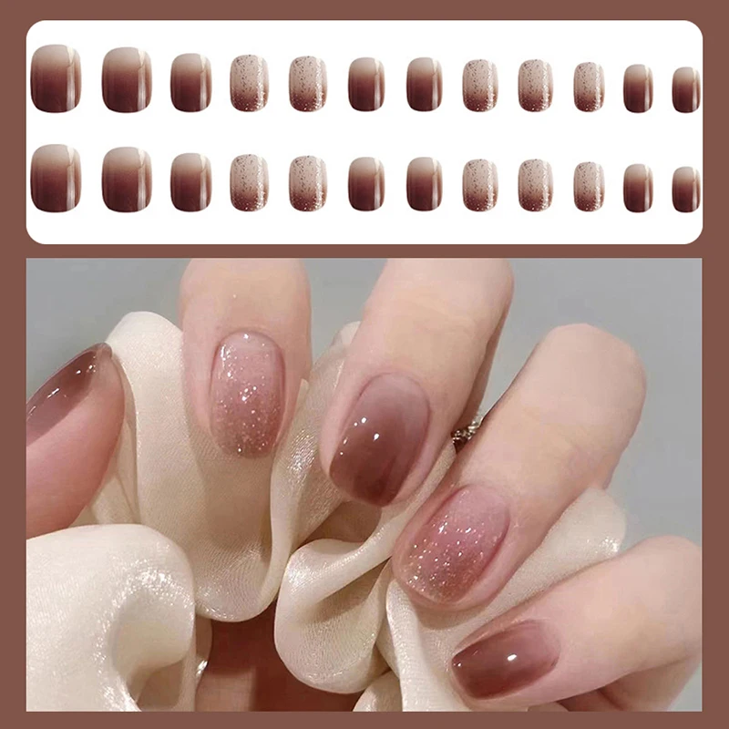 24PCS Full Coverage Nails For Girls Korean Cute Heart Design Fake Nails Glitter Nails Set Press On With Adhesive Strips