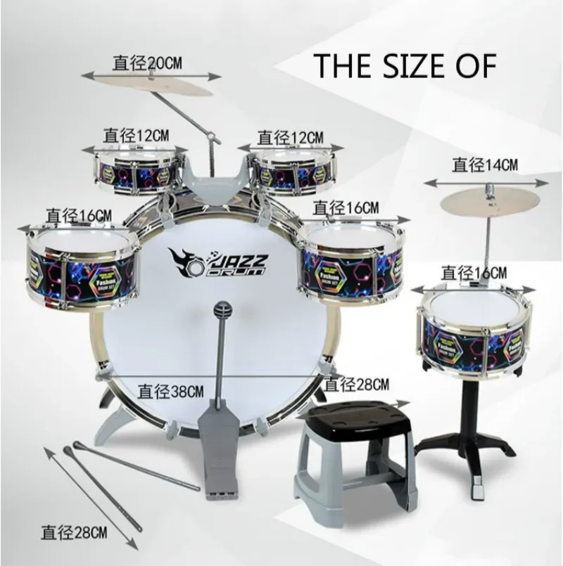 Fashion Large Children Music Jazz Drums Set (6 bębnów + 2 talerze) Zagęszczony bęben perkusyjny Fotel perkusyjny dla dzieci