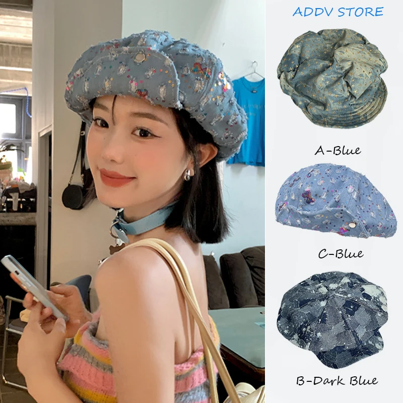 Vintage Tie-Dye Pleated Cloud Hat with Stars and Pockets for Women Girl Street Painter Pumpkin Caps