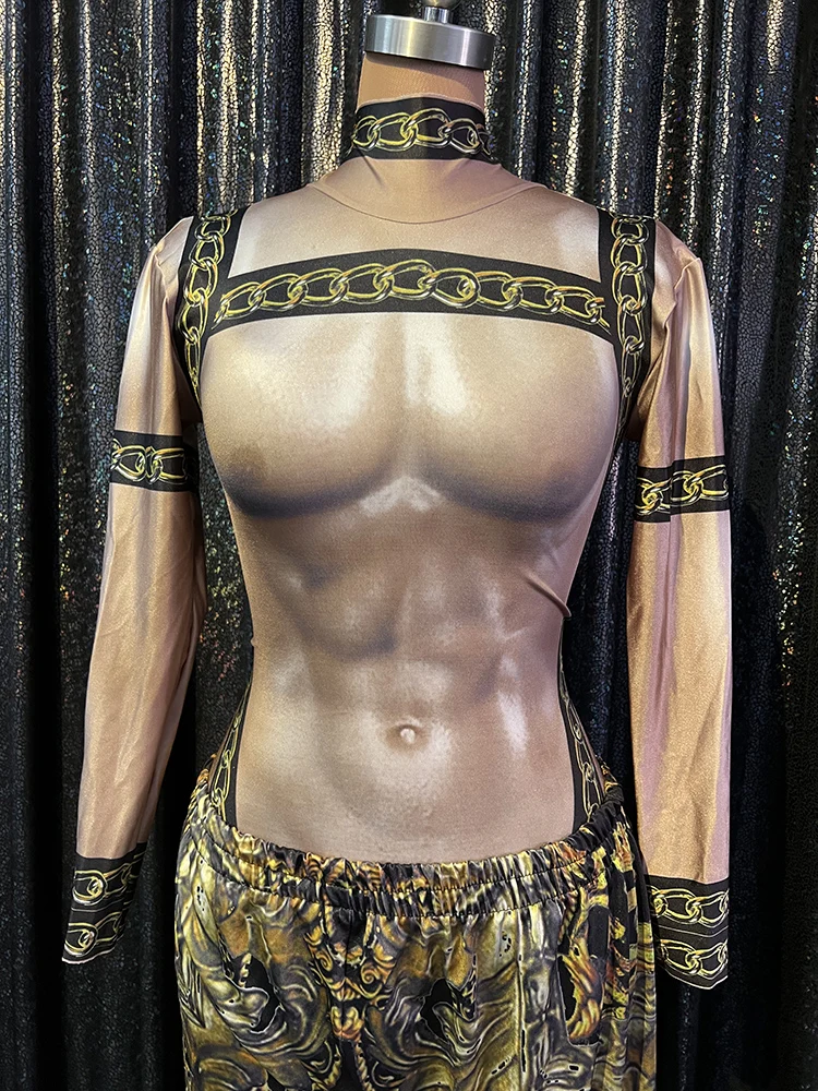 2025 Muscle Man body z nadrukiem Gogo kostium tancerza klub nocny ubrania do tańca na rurze Party stroje taneczne Dj Ds Clubwear strój Rave
