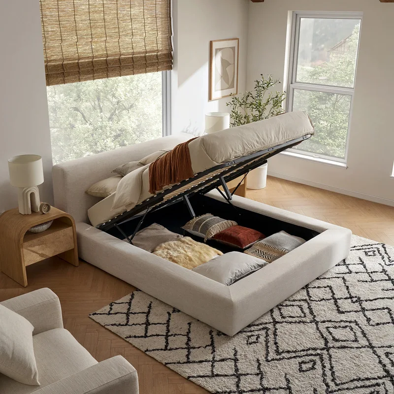 

Wholesale Customized Upholstered Bed Double Size Tufted Design with Gas Lift Square Bed With Storage