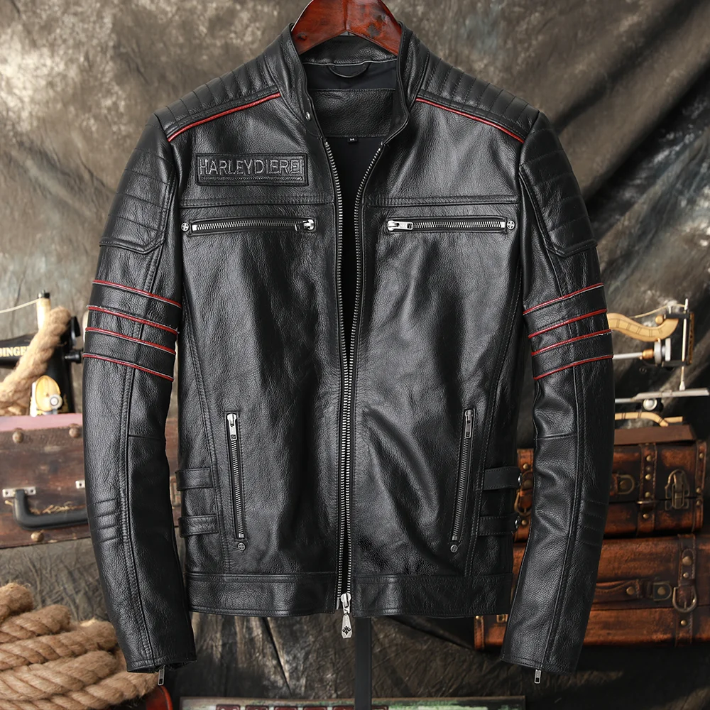 Black AutumnSkull Embroidery Leather Jacket Men Dress UP Style Plus Size 6XL Natural Cowhide Slim Fit Genuine Leather Coat