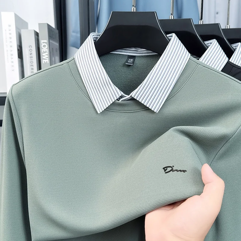 Nueva camiseta de manga larga de calidad para hombre de primavera, cuello redondo, bordado de letras falsas de dos piezas, ropa informal de manga larga a la moda para hombre