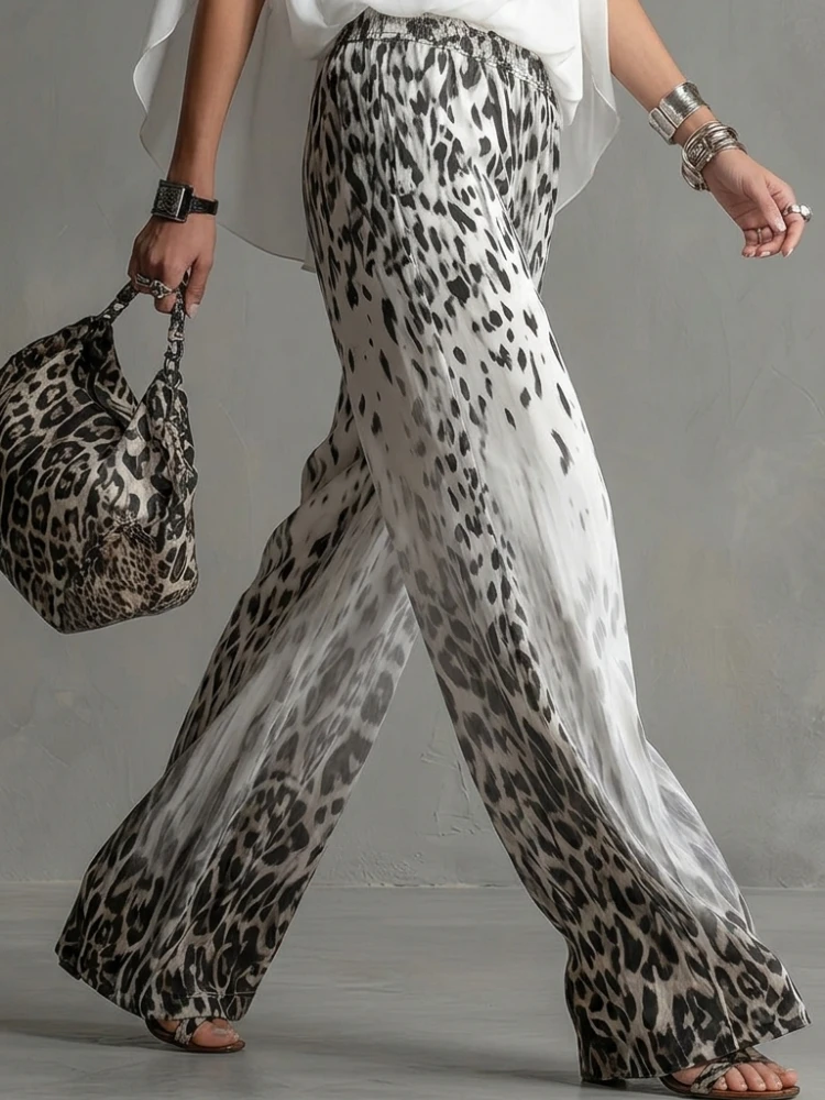 Pantalon Palazzo en Chiffon à Taille Élastique et Imprimé Léopard Aquarelle pour Femme Missuoo, Collection Été 2026, Idéal pour les Vacances Décontractées