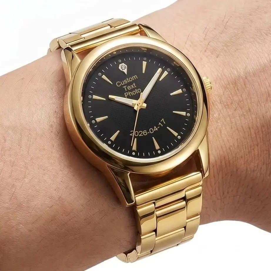 

Custom Quartz Watch Gold-Tone Stainless Steel Band Black White Dial Analog Display Personalized Name and Photo Print