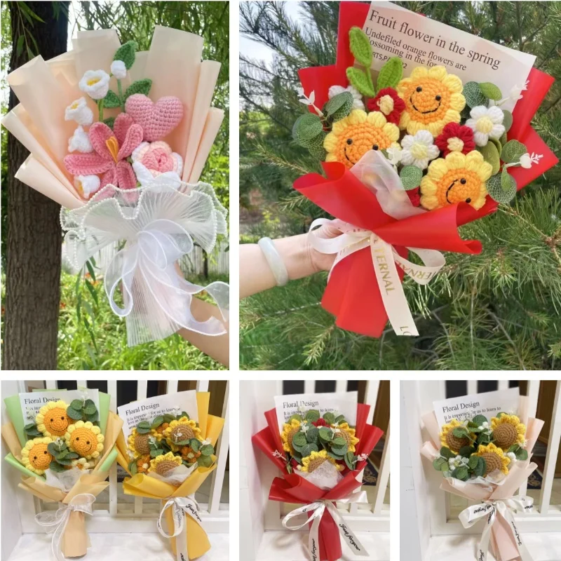 

Готовые вязаные искусственные вязаные крючком цветы креативные подсолнухи вязаный букет на день Святого Валентина подарки на день матери на день рождения и выпускной