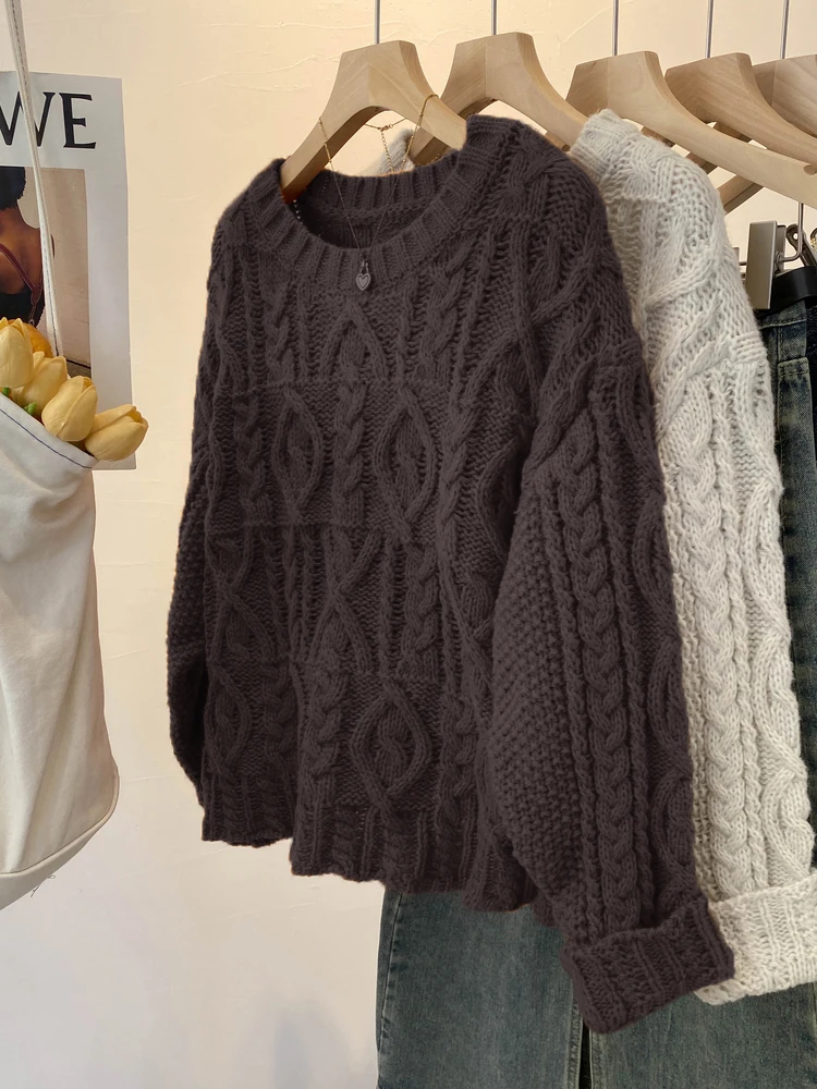 Maglione oversize lavorato a maglia grossa Pullover da donna Maglione girocollo lavorato a trecce allentato Maglione Teen-girl Granpa Style Y2K Outfit