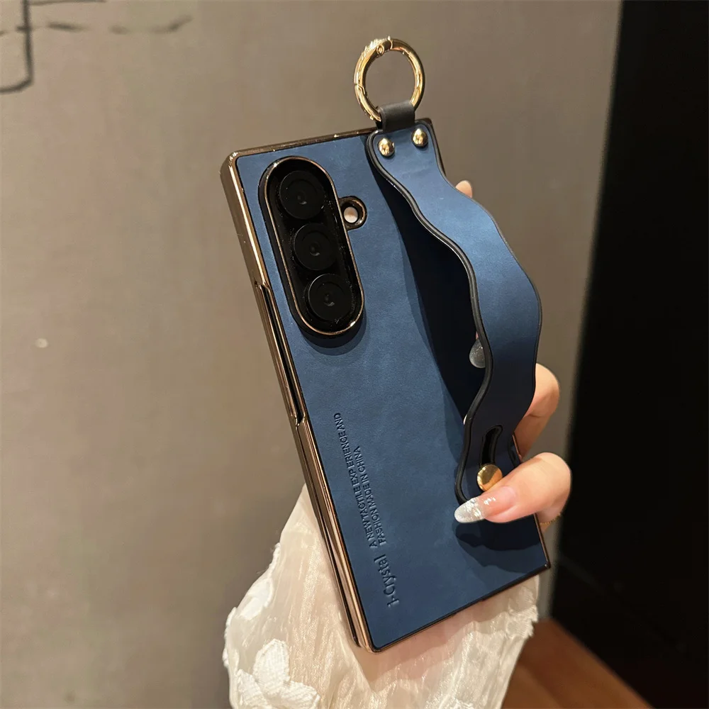Kunststoff-Armband-Halterung, PU-Leder, Handyhülle für Samsung Galaxy Z Fold 7, 6, 5, 4, 3, 5G, Luxus-Handgelenk-Handschlaufe, Ständer-Abdeckung