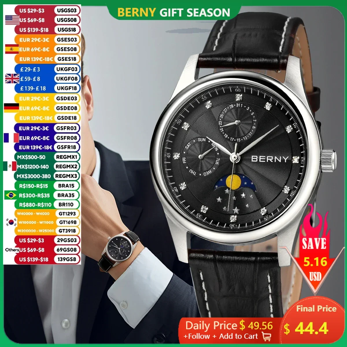 BERNY Men Watch Date Weeks Moon Phase Quartz Watches for Men Stainless Steel Leather Strap Business Wristwatch Male Clock