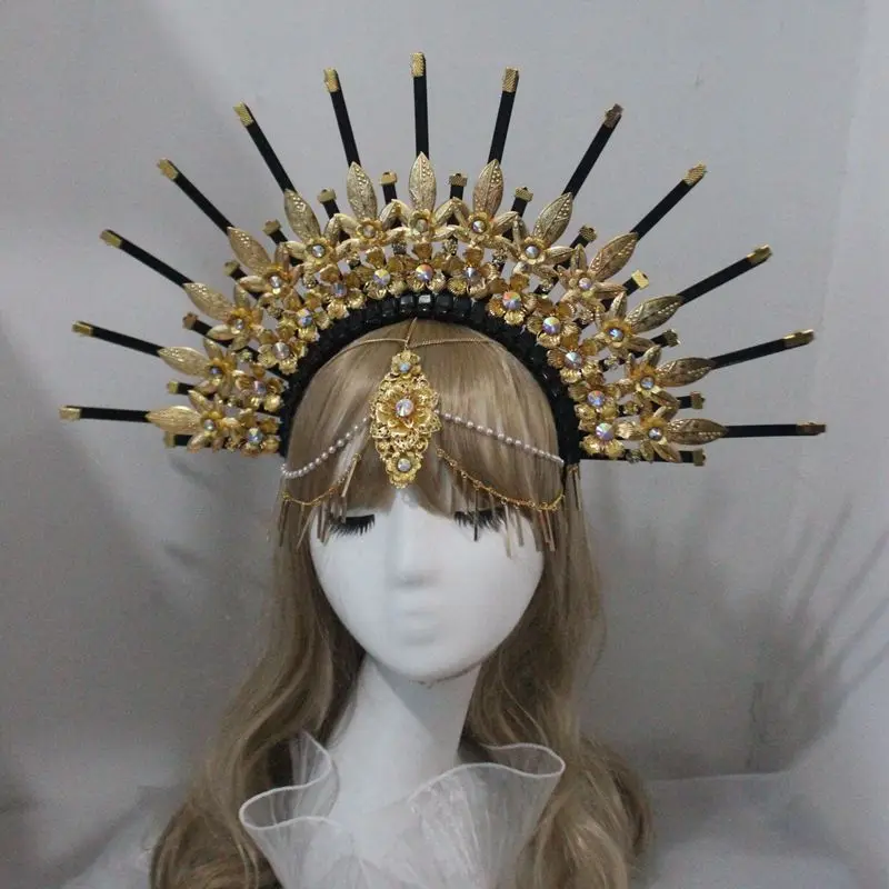 Lolita Halo Crown Pearl Beaded Chain Tiara Gothic Headband Embossed Hollow Headwear Luxury Accessories