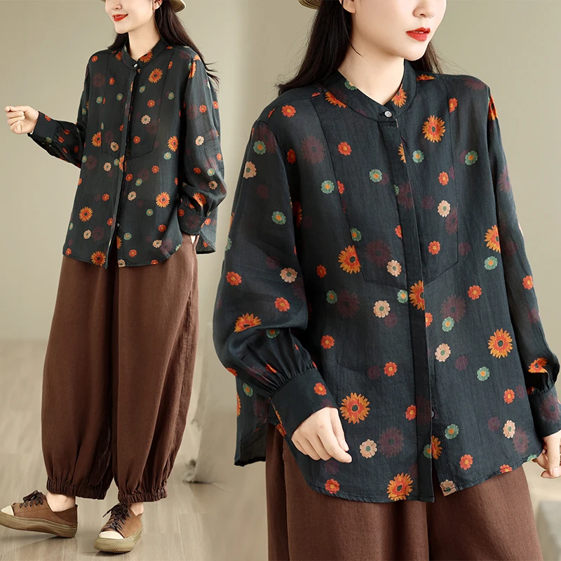 Retro Floral Loose Long Sleeve Casual Shirt Women's Spring Autumn New Style Quality Good Quality Open Cardigan Slimming Effect