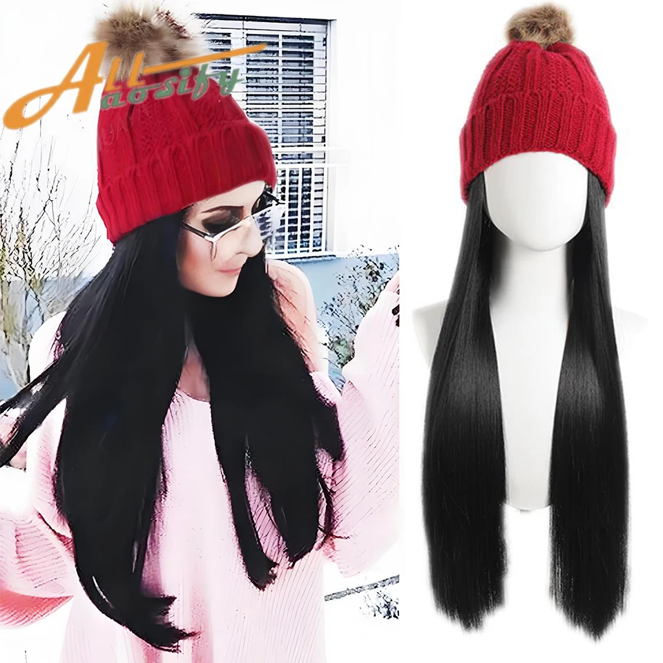 

Straight Hat wigs Cap with Hair Hat Wig Golden Straight Wig Connect Synthetic Hair Women Warm Plush Knitted Autumn Winter Cap