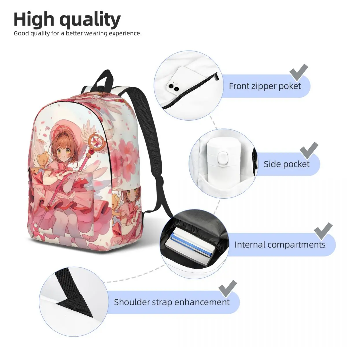 Sakura & Kero Backpack Student Boys Girls BookBag Kids School Bag Laptop Shoulder Bags for Men Women