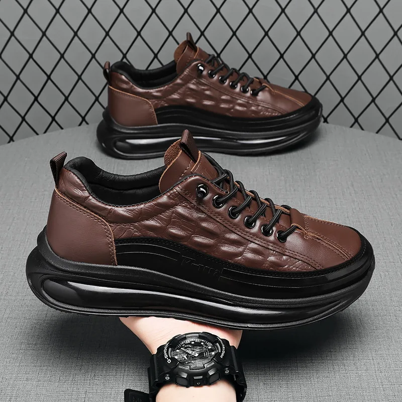 Men's Casual Sports Shoes Leather Crocodile Pattern Thick Sole New Style Leather Footware Breathable Comfortable Men's Shoes