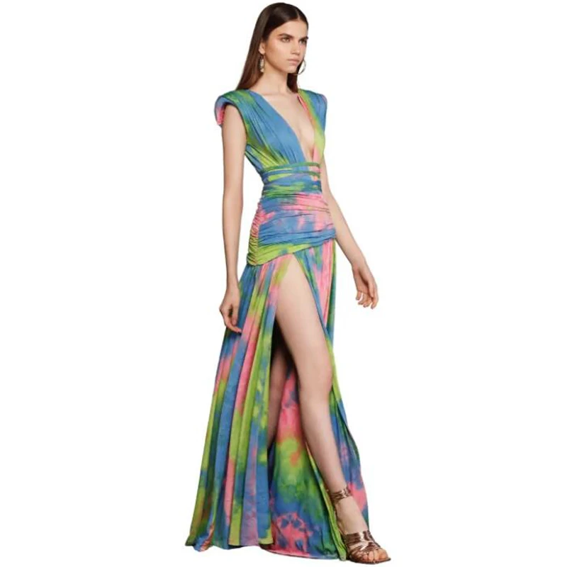 Msmusi 2023ใหม่แฟชั่นผู้หญิงเซ็กซี่ Tie Dye Deep V TANK คอ Draped พับ Slit แขนกุด bodycon เที่ยวกลางคืน Maxi ชุดเดรสชุดราตรียาว