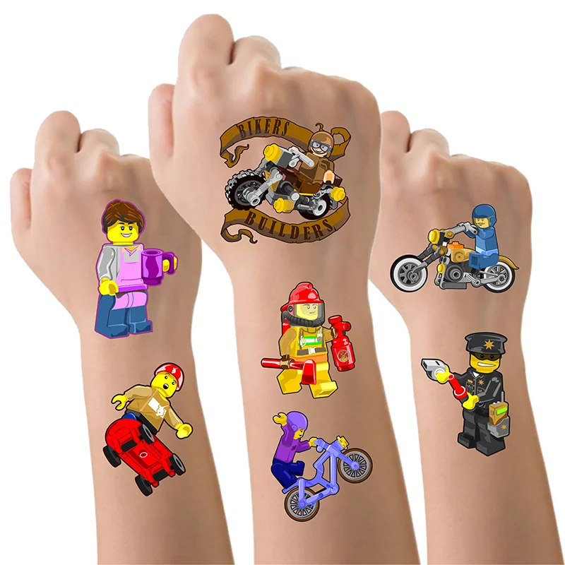 8 fogli Building Block tatuaggi temporanei forniture per feste di compleanno decorazioni tatuaggi adesivi simpatici bomboniere bambini ragazze