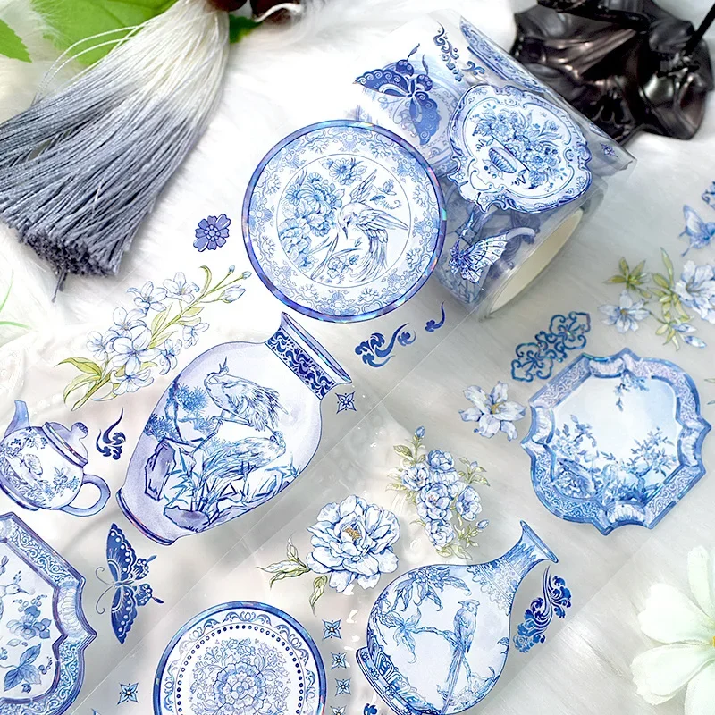 

2m/Roll Chinese blue and white porcelain PET Washi Tape Chinese Aesthetic Masking Tape Scrapbooking Stickers Journal Materials