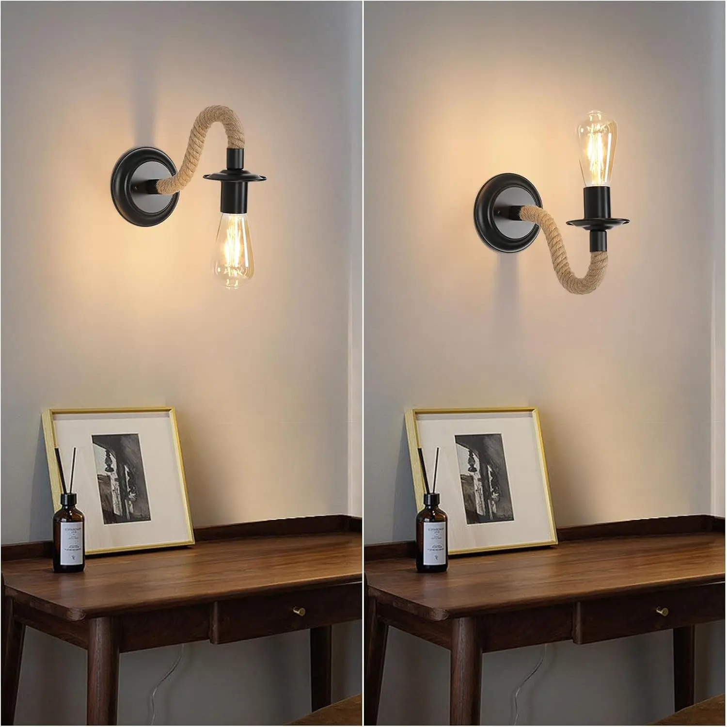 2 Stück Innen-Wandleuchten, industrielle Vintage-Hanfseil-Wandlampe, Wandleuchte für Flur, Loft, Schlafzimmer [27er-Glühbirne nicht enthalten] – Detail 5