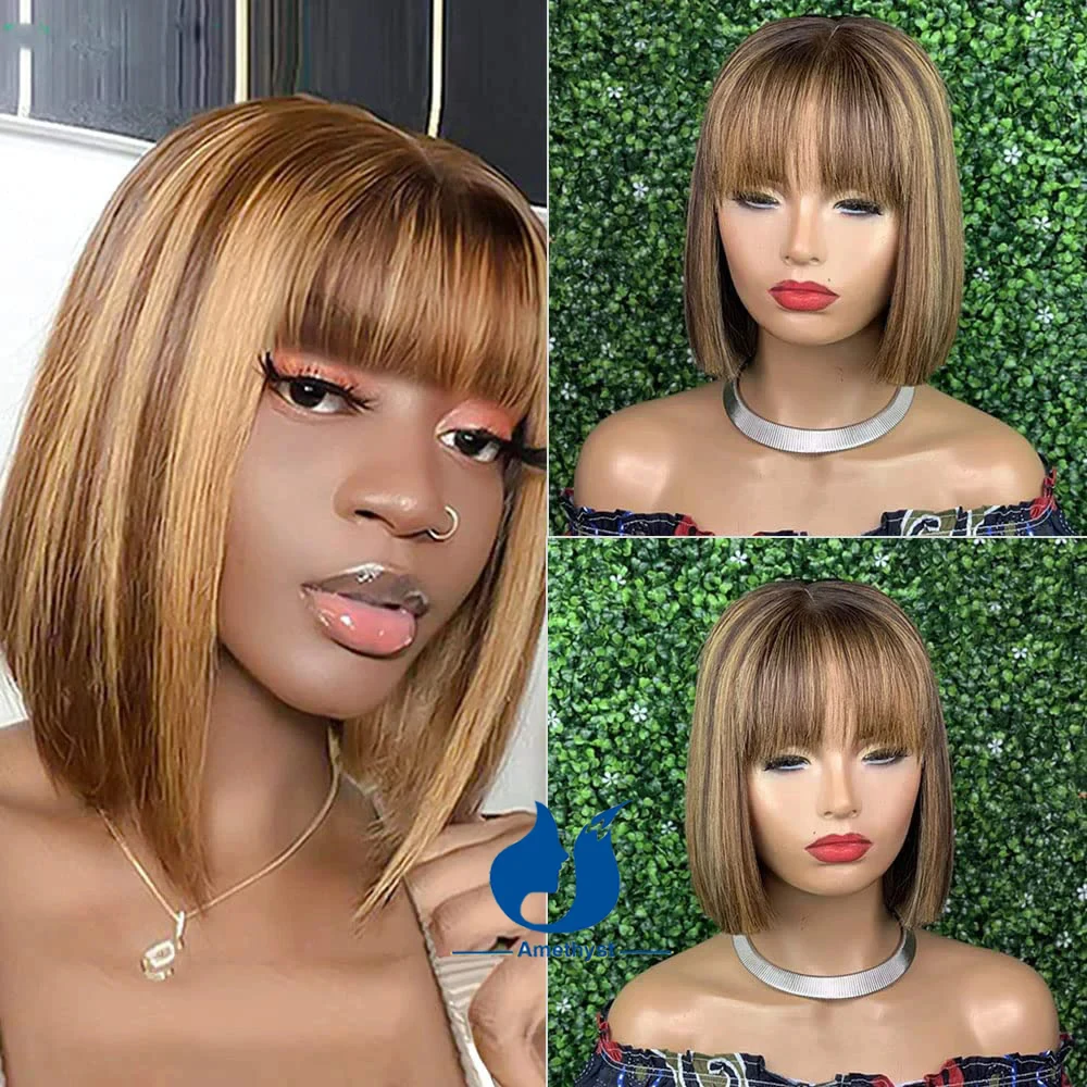 Amethyst 4/27 Highlight Straight Blunt Cut Bob with Bangs Human Hair For Women Brazilian Scalp Top Full Machine Made Wig Remy