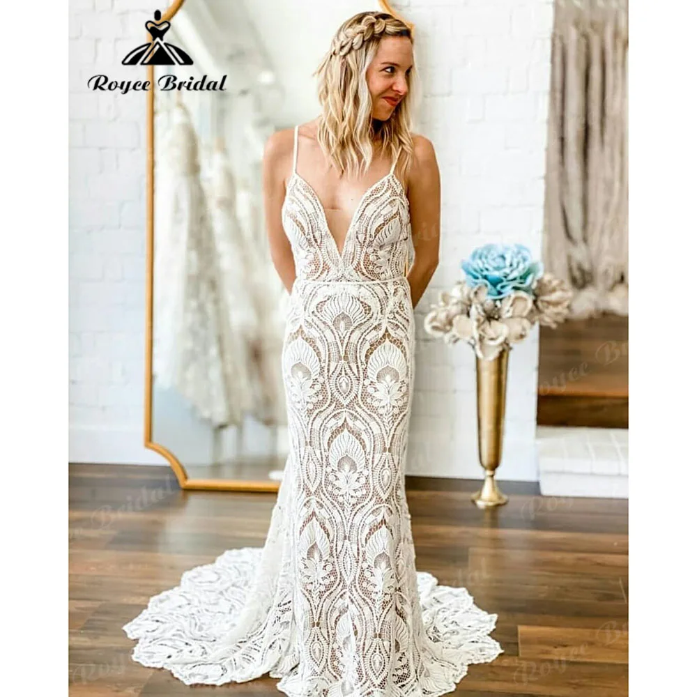 Rustic Chic Spaghetti straps Mermaid Boho Bohemian Lace V Neck Wedding Dress 2025 Customized Bridal Gown for Women abiti sposa