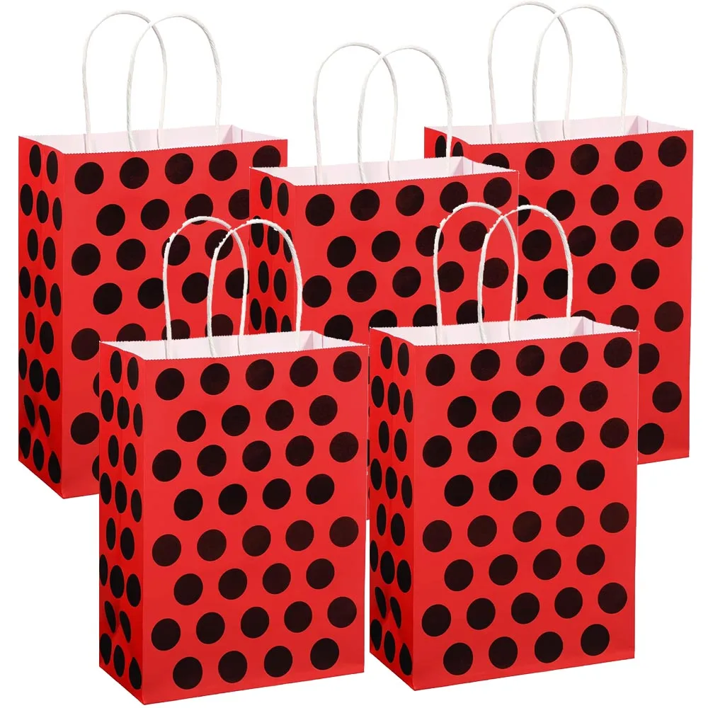 5/10/15pcs Ladybug Themed Birthday Party DecorationRed Black Polka Dots Ladybug Paper Party Bag with Handle Birthday Decoration