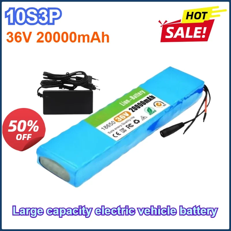 36V-10S3P 20Ah High-capacity 18650 Lithium Battery Pack, 42V Charger, Electric Vehicle Battery