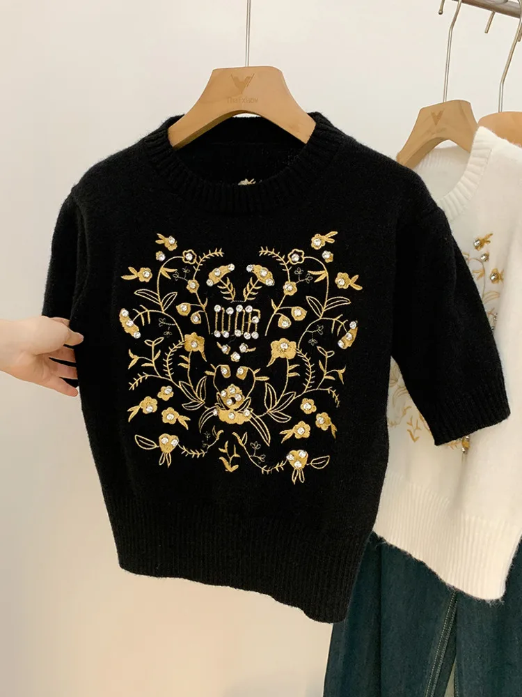 Summer Women's Knitted Sweater Korean Fashion Diamonds Floral Embroidery Short Sleeve Round Neck Pullover Knitwear Femme Jumper