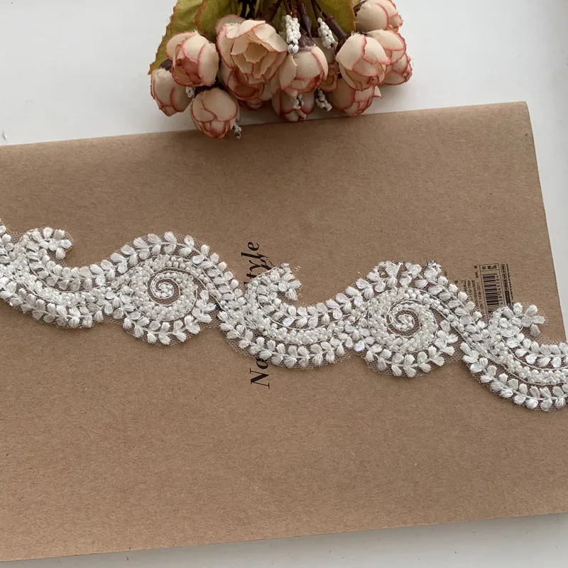 Delicate off-white flowers  leaves Embroidered mesh lace trim with beading for wedding dresses Accessories