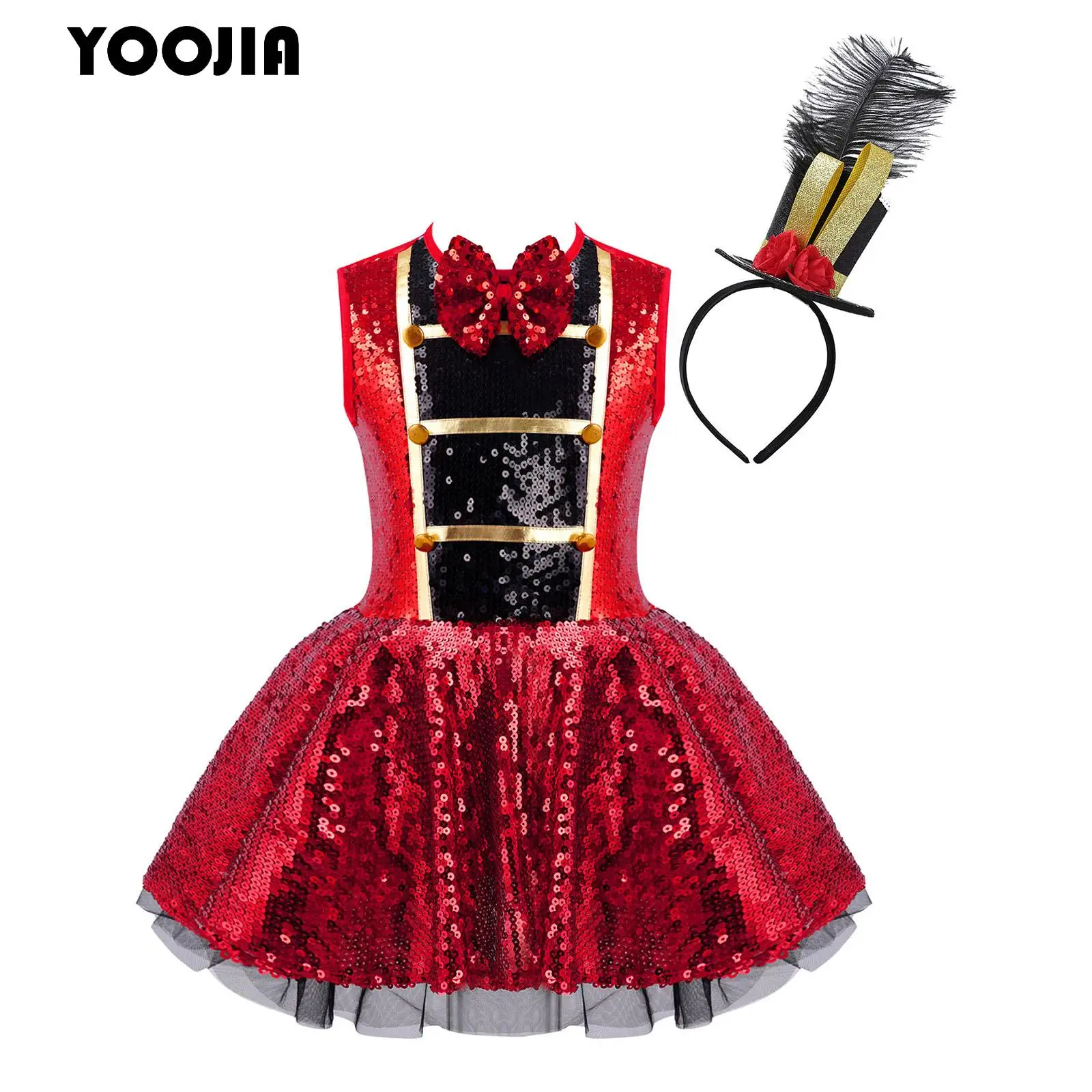 هالوين كرنفال طبل زحف فستان للفتيات السيرك Ringmaster زي لامعة الترتر يوتار توتو فستان + ريشة طقم قبعات