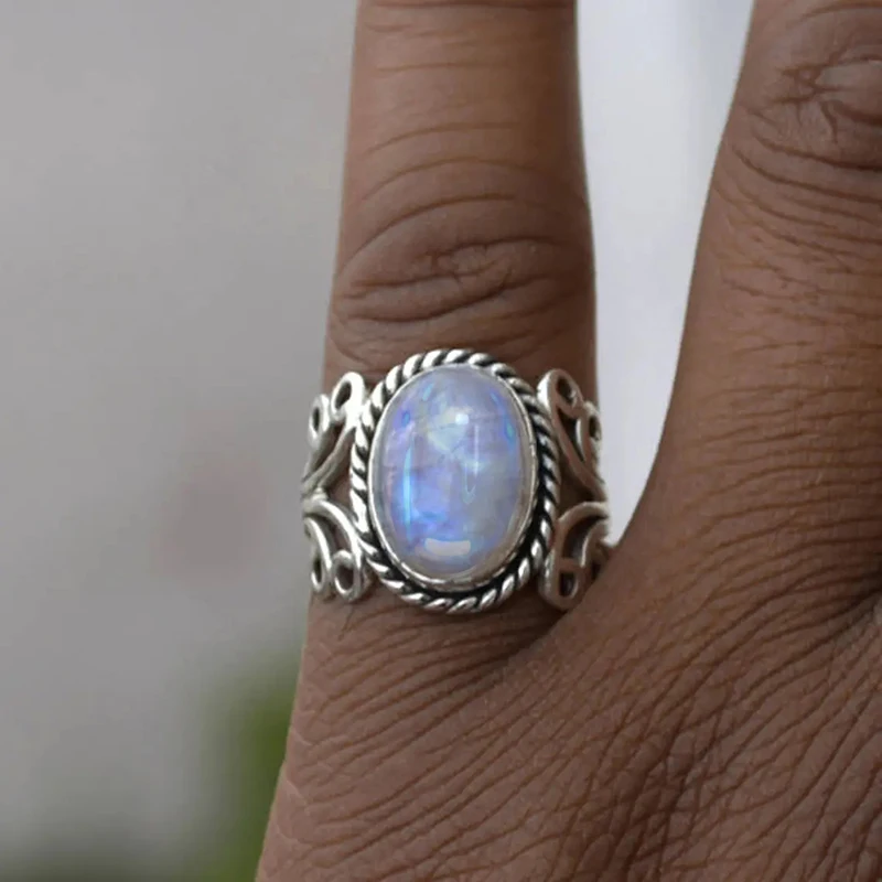 Huitan Boho Style Women Rings with Oval Imitation Opal Stone Hollow Out Band Ethnic Female Accessory Unique Jewelry for Vocation