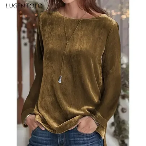Camiseta de manga larga de terciopelo dorado para mujer, Tops de cuello redondo sueltos para mujer, moda de primavera y otoño