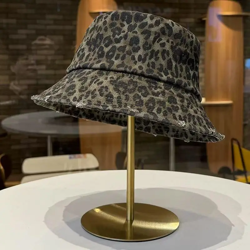 

Leopard Print Bucket Hats Women Retro Hole Washed Border Men's Fisherman Hats Seasonal Outdoor Travel Basin Caps Sun Hats