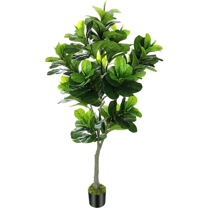 6ft Full Artificial Fiddle Leaf Fig Tree (72in) with Plastic Nursery Pot Faux Tree, Ficus Lyrata Fake Plant for Office House