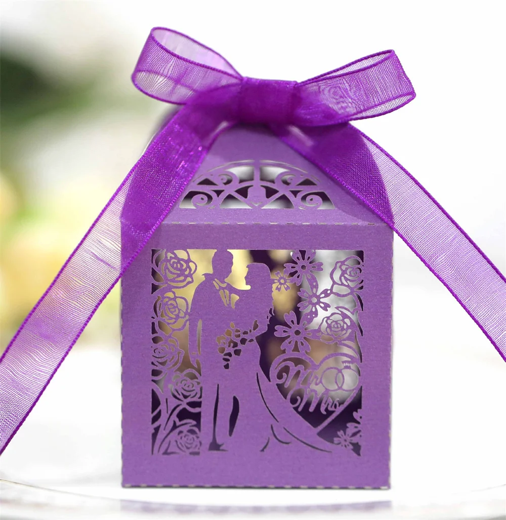 50 Teile/los Lase Cut Braut Bräutigam Hochzeit Süßigkeiten Candy Box Gäste Geschenk Boxen Papier Verpackung Baby Dusche Schokolade Cookie Box