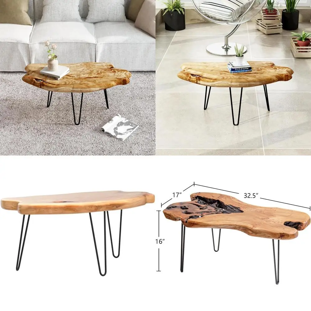 Live Edge Cedar Wood Coffee Table with Metal Hairpin Legs - 32.5 Wide x 17 Deep x 16 High for Various Rooms