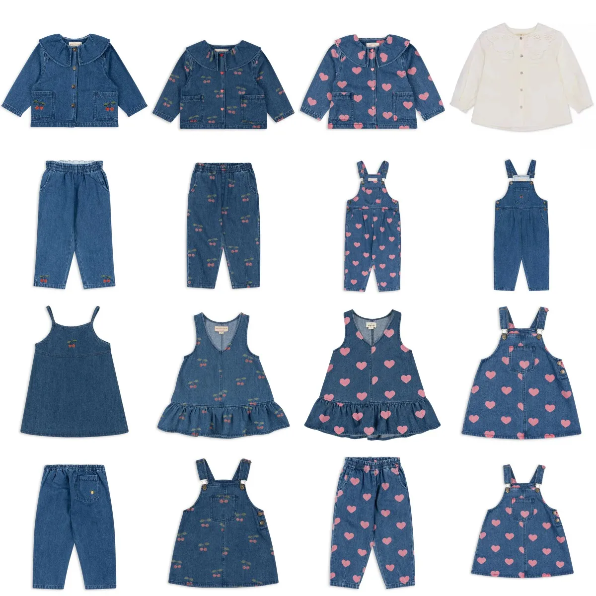 

New Kids Girls Clothes Ks Cute Print Cherry Denim Jacket Coat Overalls Jeans Toddler Girls Denim Dress White Shirt Outfit Set